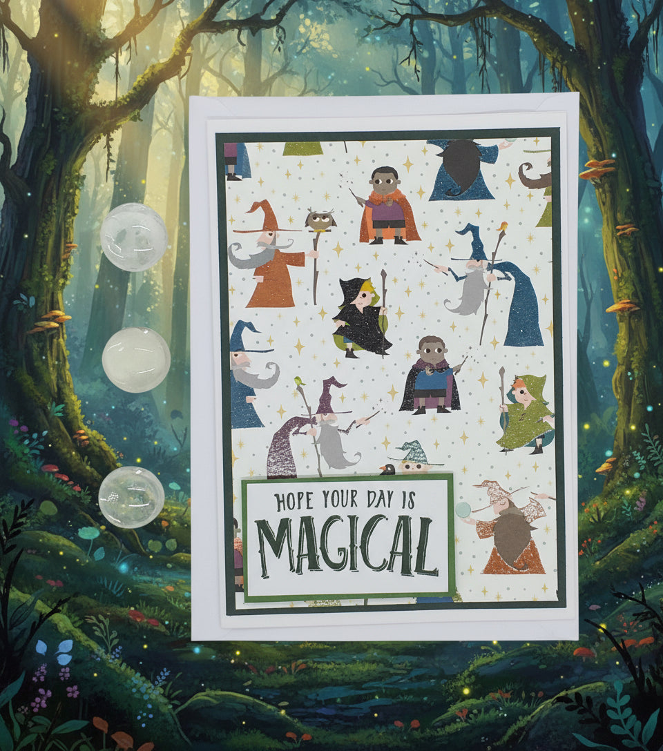 Card with wizard illustrations and 'Hope your day is magical' text on a white background
