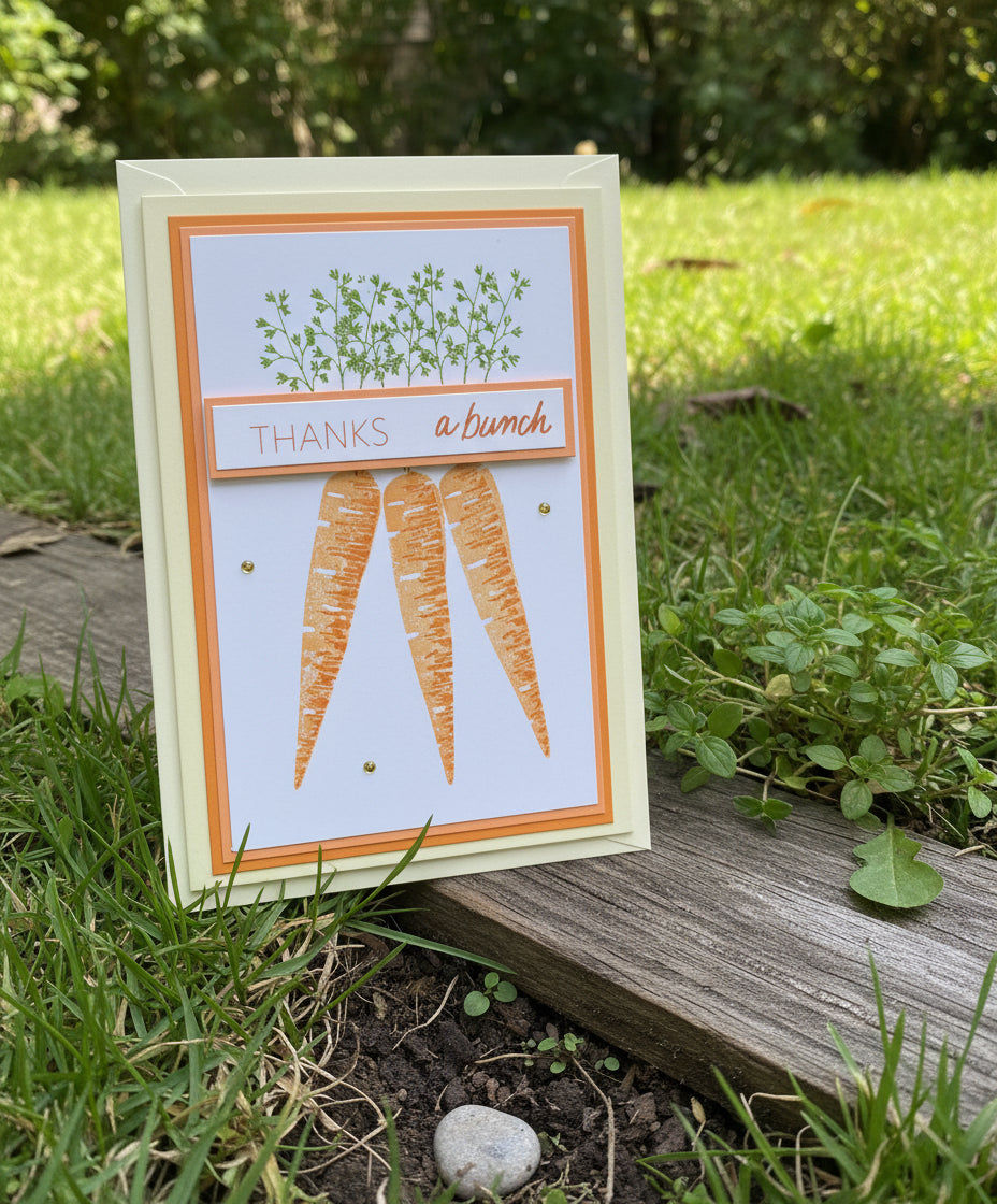 A hand-stamped greeting card with orange and green floral patterns and text reading 'THANKS a bunch', accompanied by an envelope and decorative buttons.