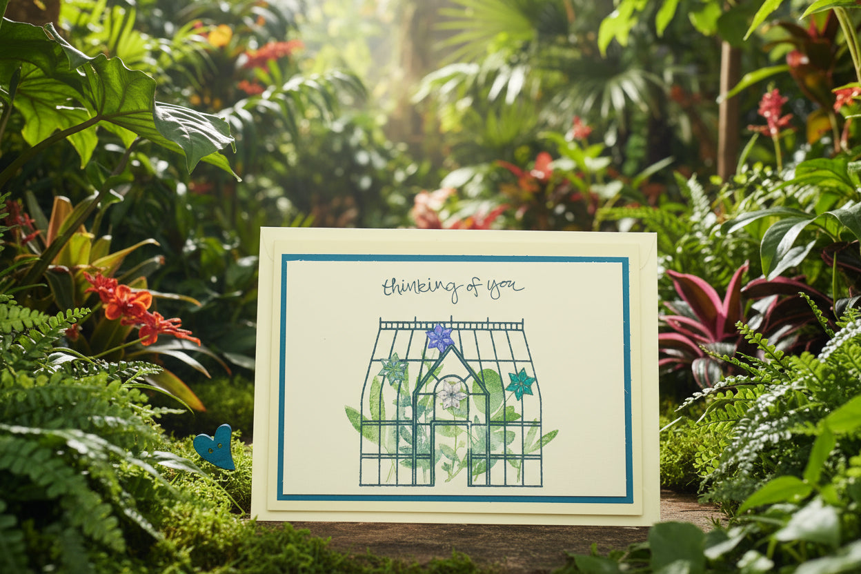 A greeting card with a greenhouse design, titled 'Thinking of You', accompanied by an envelope and decorative elements.