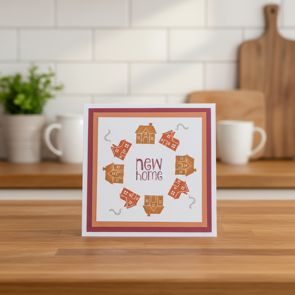 A round greeting card with a white background, featuring orange and red layers with house illustrations and the text 'NEW HOME' in the center.