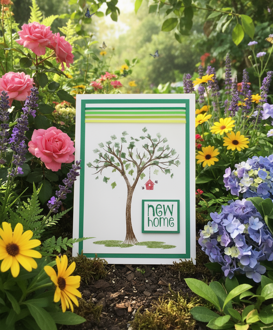 A hand-stamped and layered card with a green and white design, featuring an illustration of a tree with a small house, and the words 'NEW HOME' at the bottom.