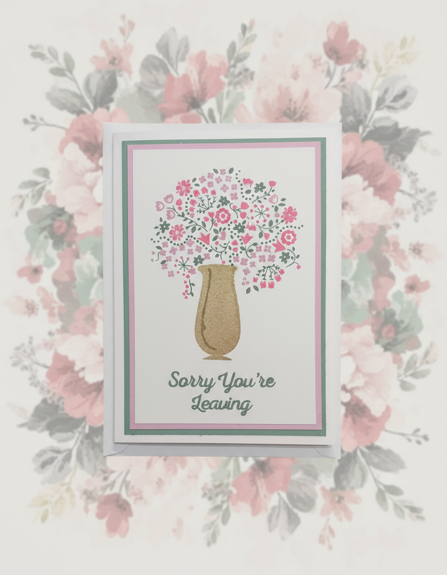 Card with floral design and 'Sorry You're Leaving' text on a floral background