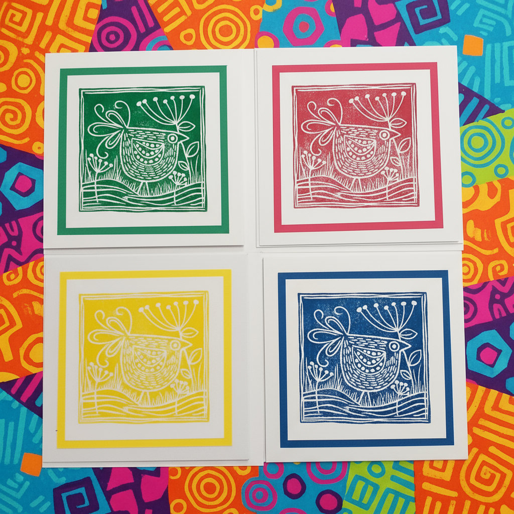 Four colorful prints of a stylized animal design on a multicolored patterned background.