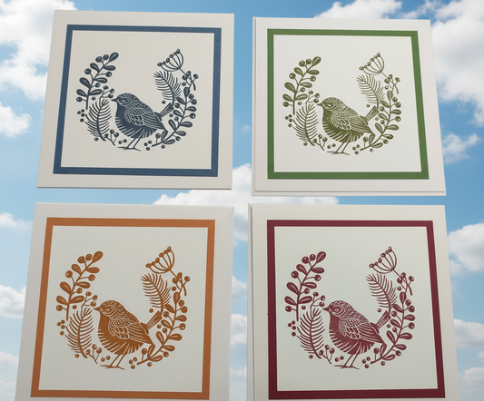 Set of Four Lino Cut Style Stamped Wren Cards