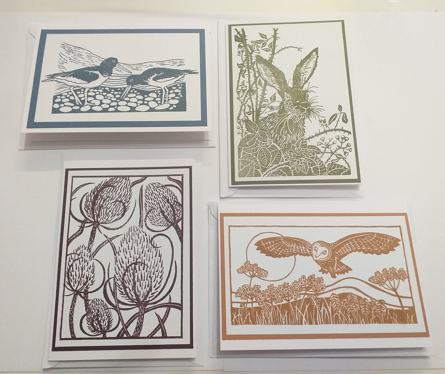 Set of Four Lino Cut Style Stamped Mixed Cards