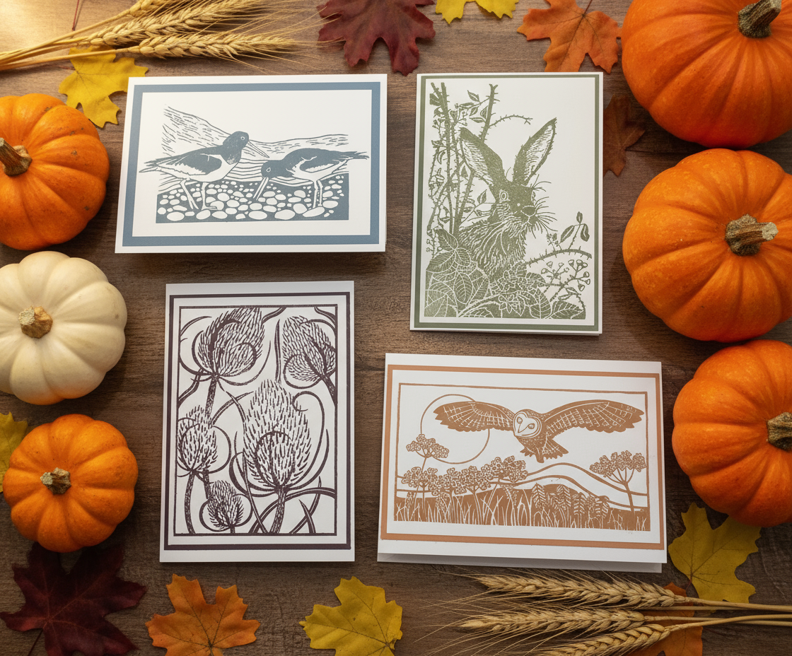 Set of Four Lino Cut Style Stamped Mixed Cards
