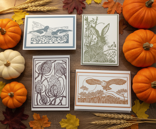 Set of Four Lino Cut Style Stamped Mixed Cards