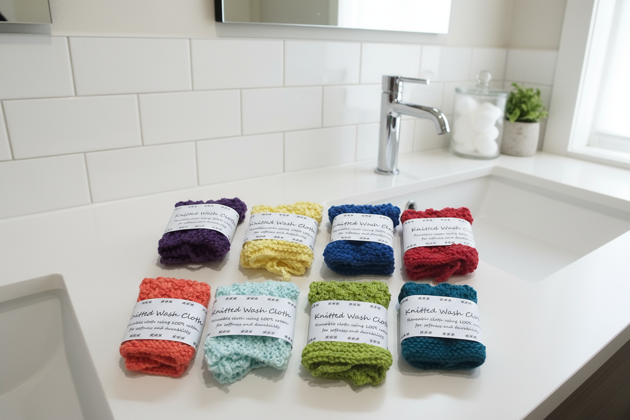A selection of hand knitted reusable wash cloths in various colors neatly displayed, with a label indicating the brand 'Knitted Wash Cloth' and a price tag.