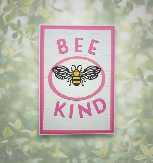 Card with 'Bee Kind' text and a bee illustration on a green leafy background