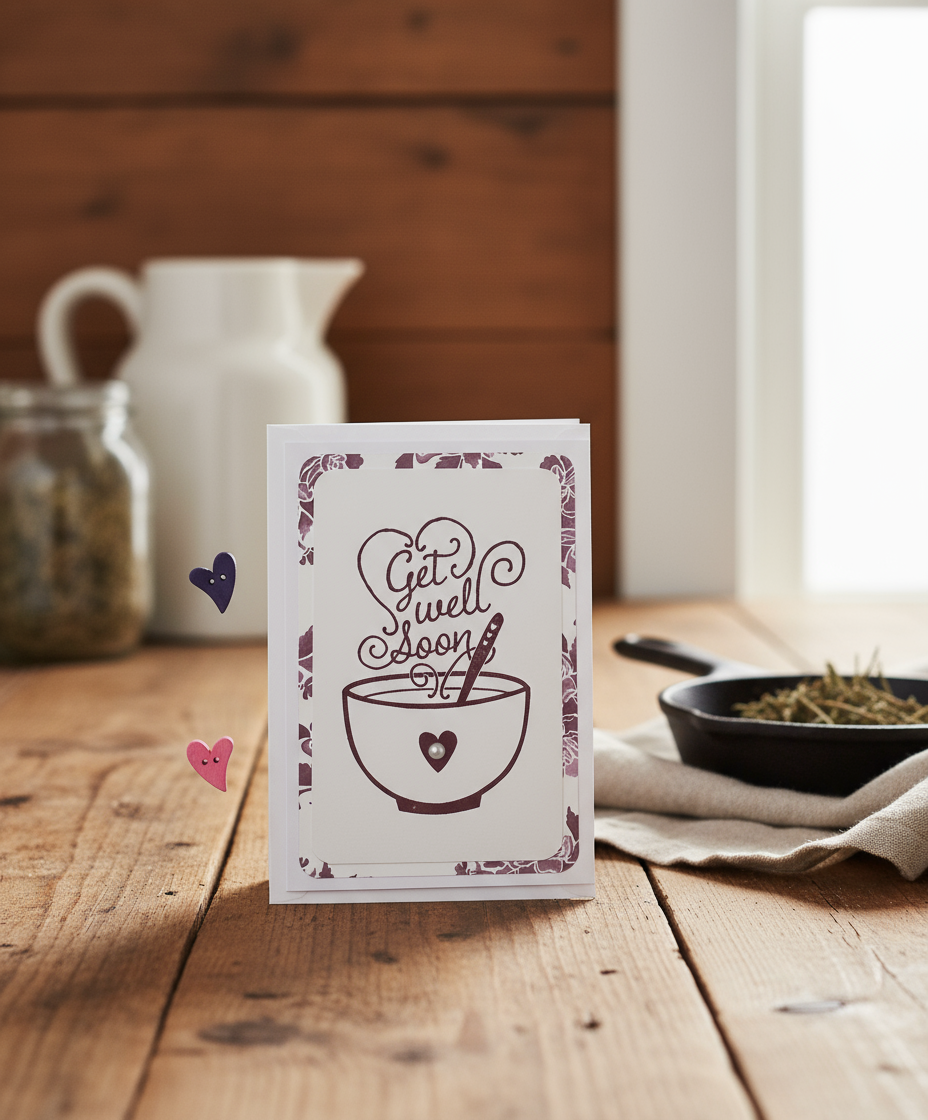 Get well soon card on a wooden table with a rustic background