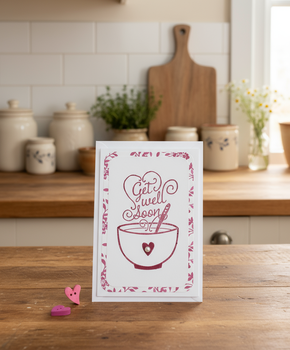 Card with 'Get well soon' message on a kitchen counter