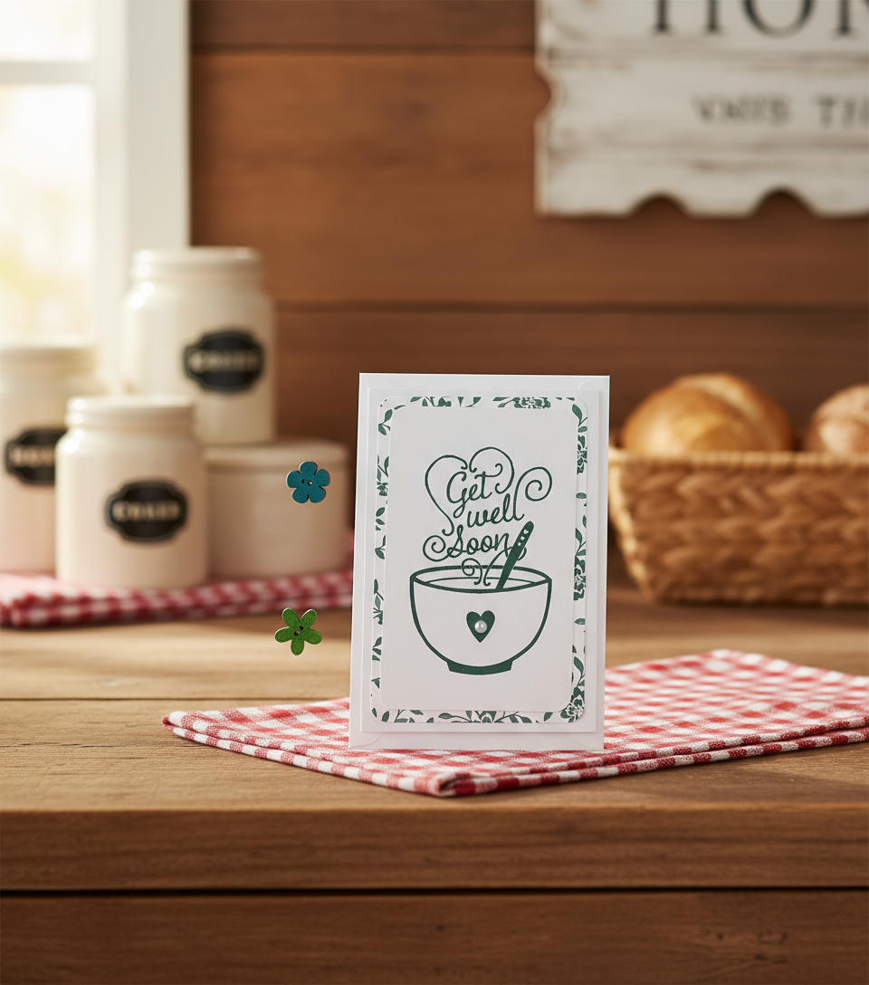 Card with a coffee cup design on a wooden surface with jars and bread in the background