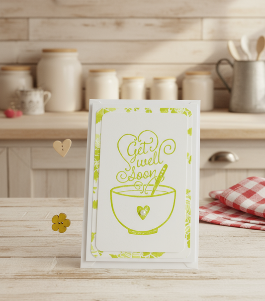 A greeting card with a hand-stamped design featuring a steaming bowl of soup and the words 'GET WELL SOON' in a circular green font, accompanied by a small heart shape with a hole for a stamp.