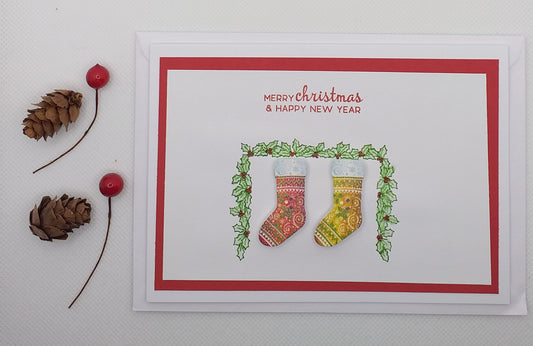 Mantelpiece Stocking Button Christmas Card