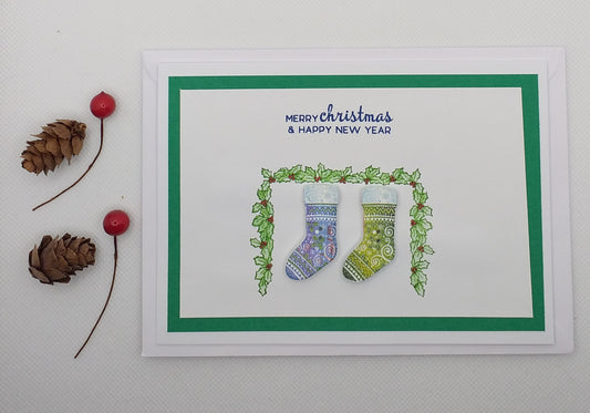 Mantlepiece Stocking Button Christmas Card - Green