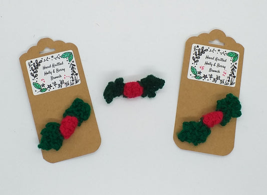 Hand Knitted Holly Leaves with Berry Brooch