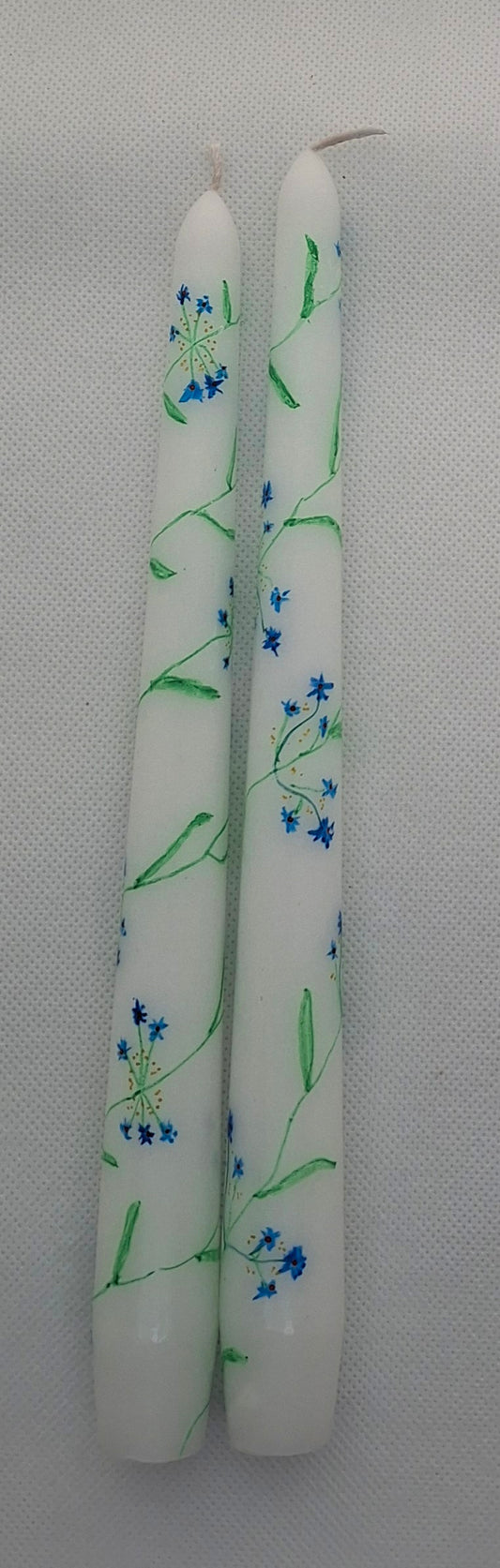 Pair of Hand Painted Taper Dinner Table Candles - Blue Misty Flowers