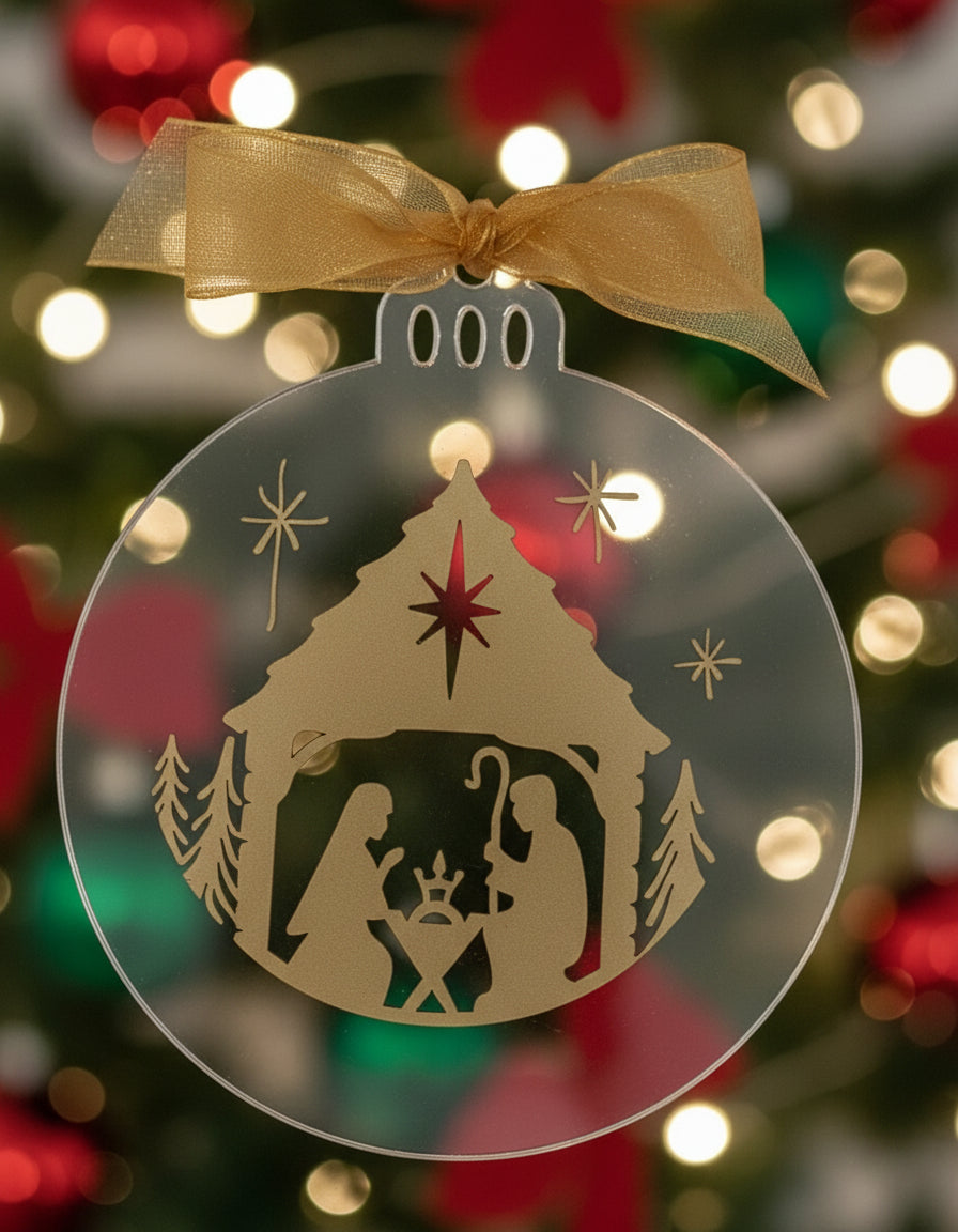 Decorative Christmas ornament with a gold nativity scene and bow on a white background