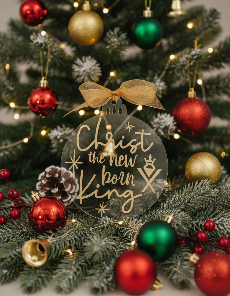 Decorative round sign with 'Christ the new born King' text and a gold bow on a white background