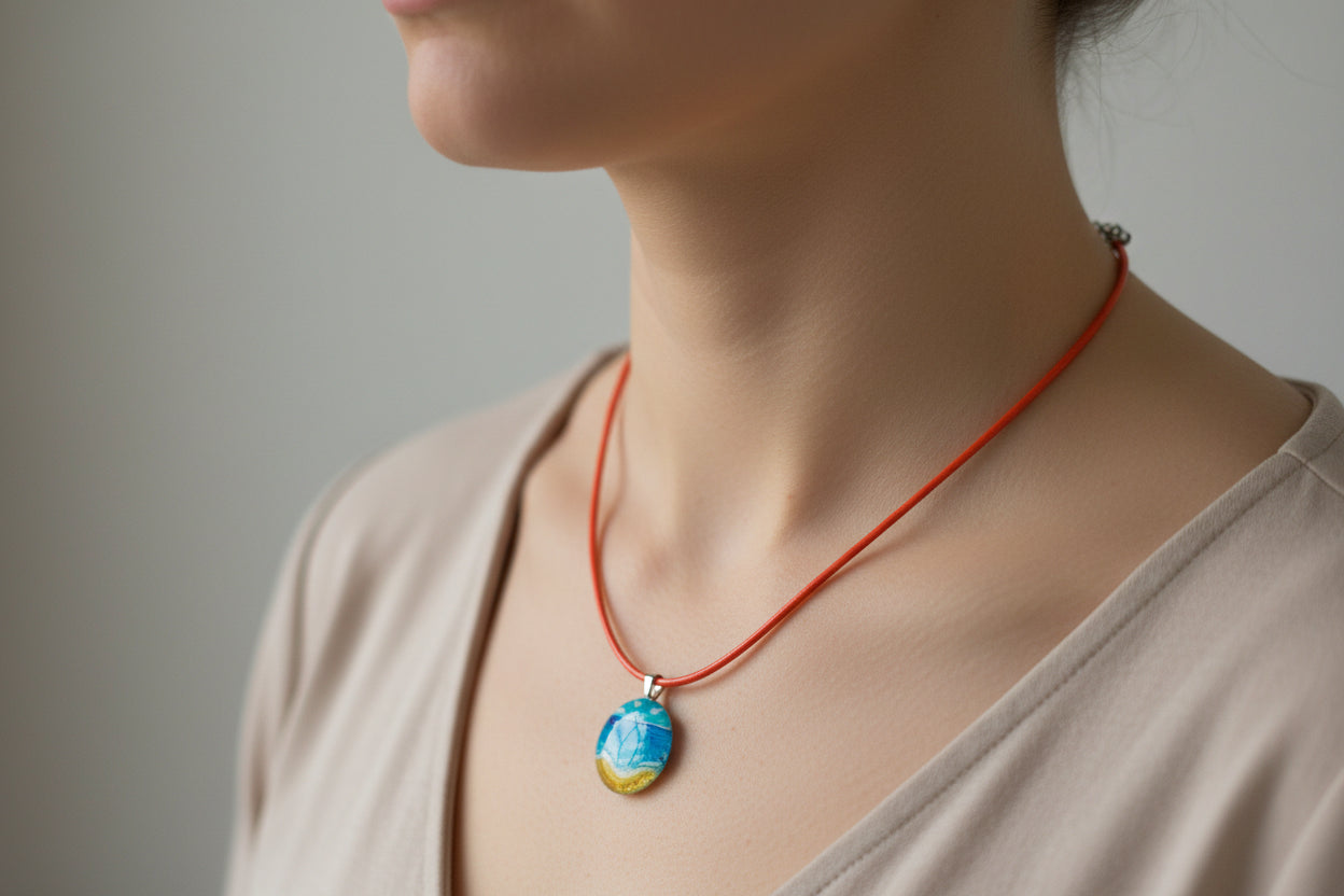 Beach Scene Hand Painted Glass Stone Pendant