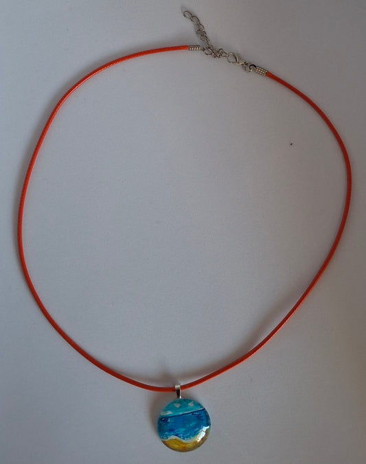 Beach Scene Hand Painted Glass Stone Pendant