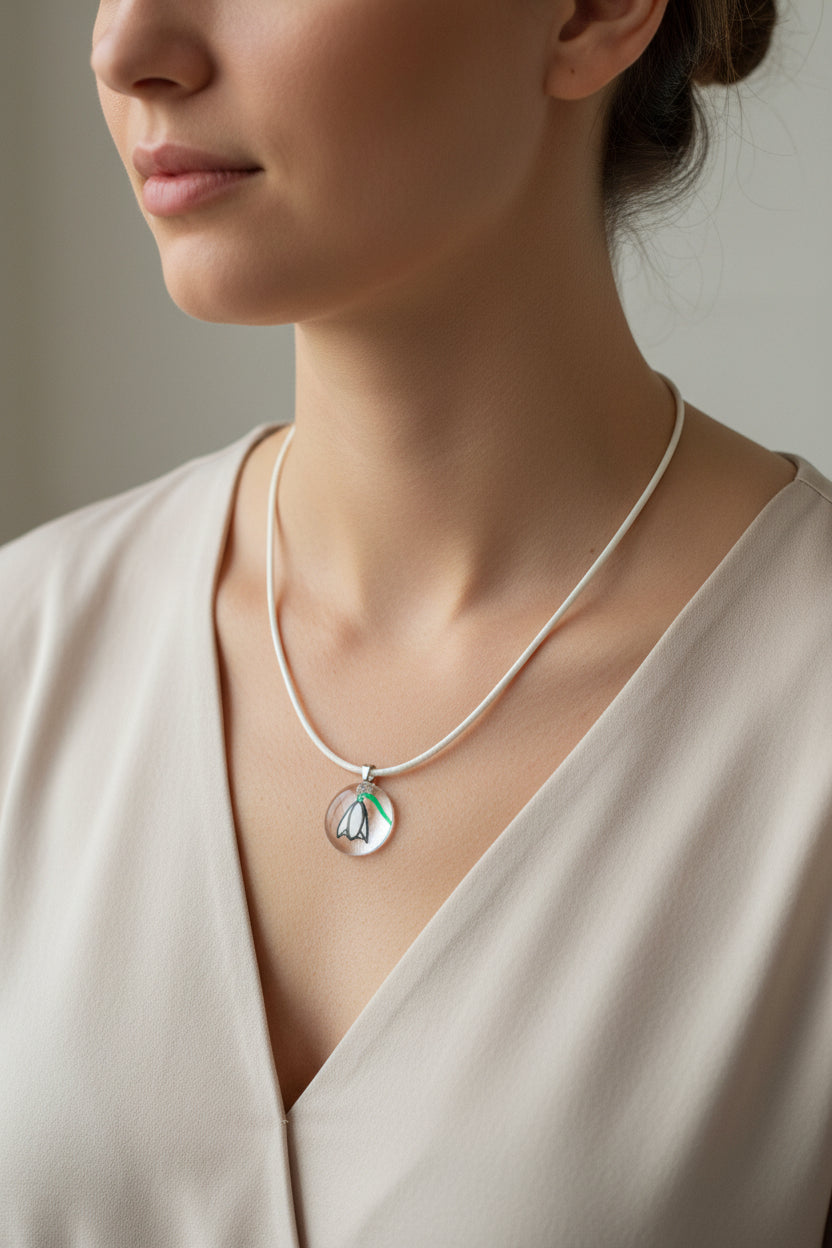 Snowdrop Hand Painted Glass Stone Pendant