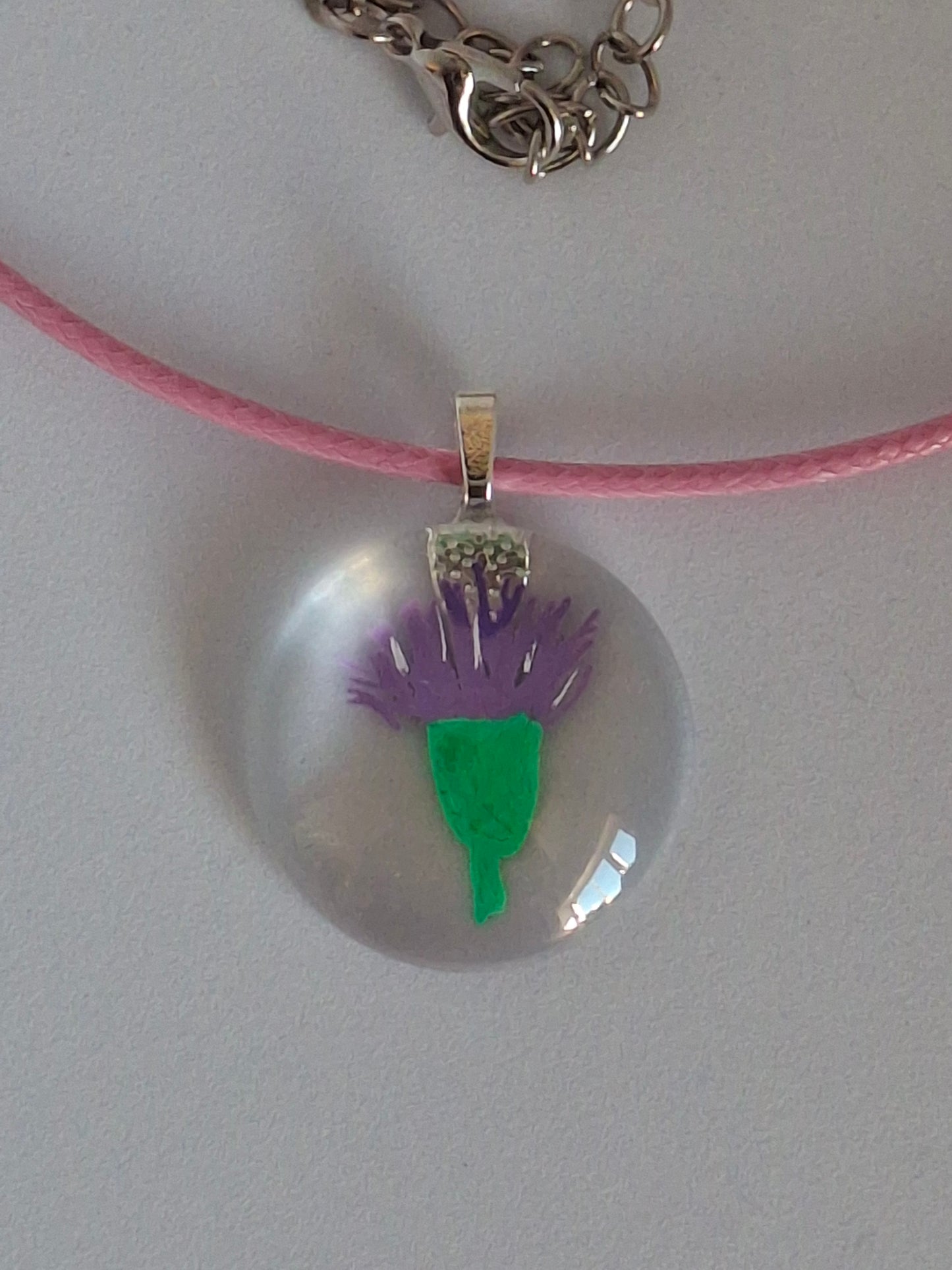 Scottish Thistle Hand Painted Glass Stone Pendant