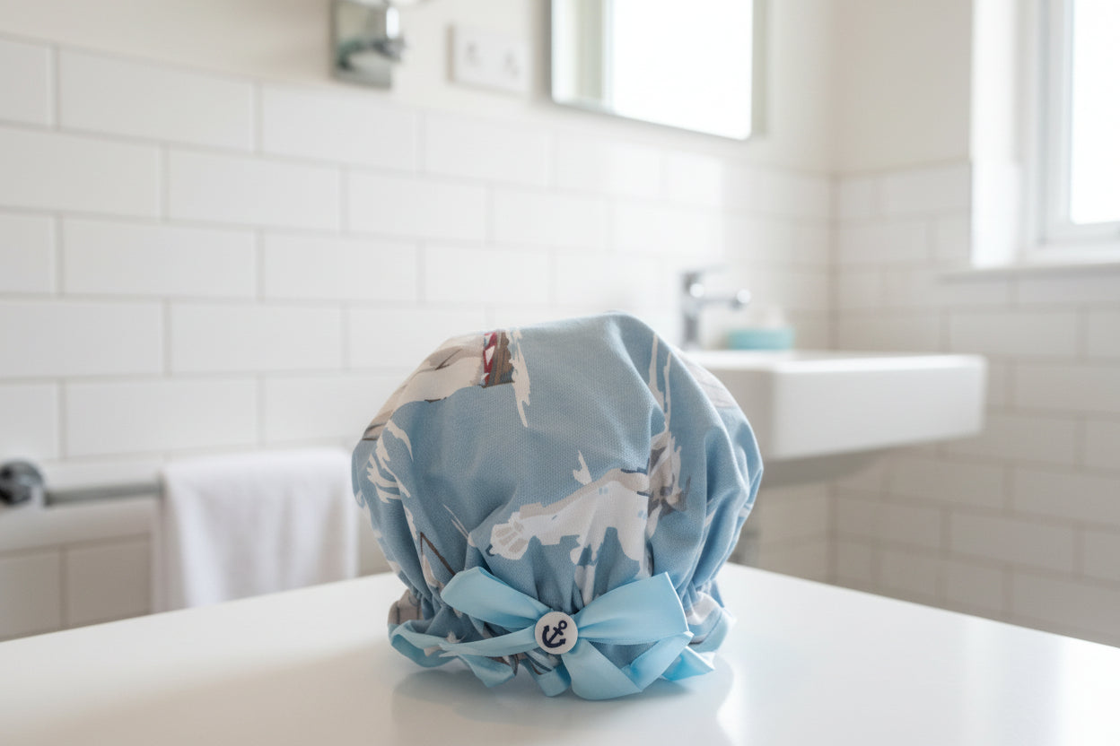 Shower Cap - Sailing Ships - Pale Blue Trim