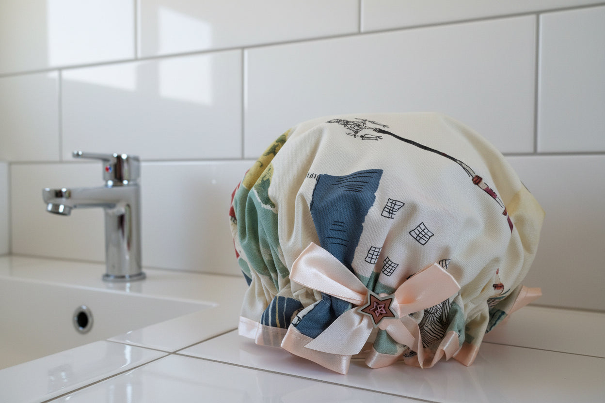 Shower Cap - Town Scene - Peach Trim