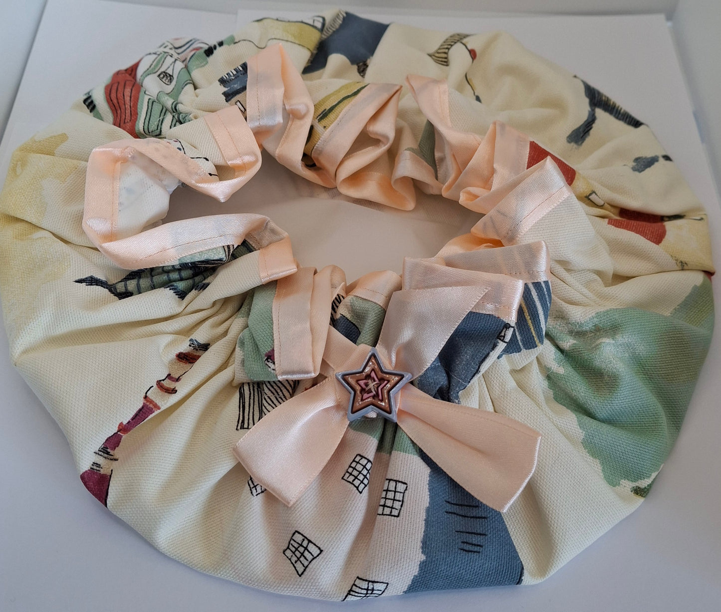 Shower Cap - Town Scene - Peach Trim