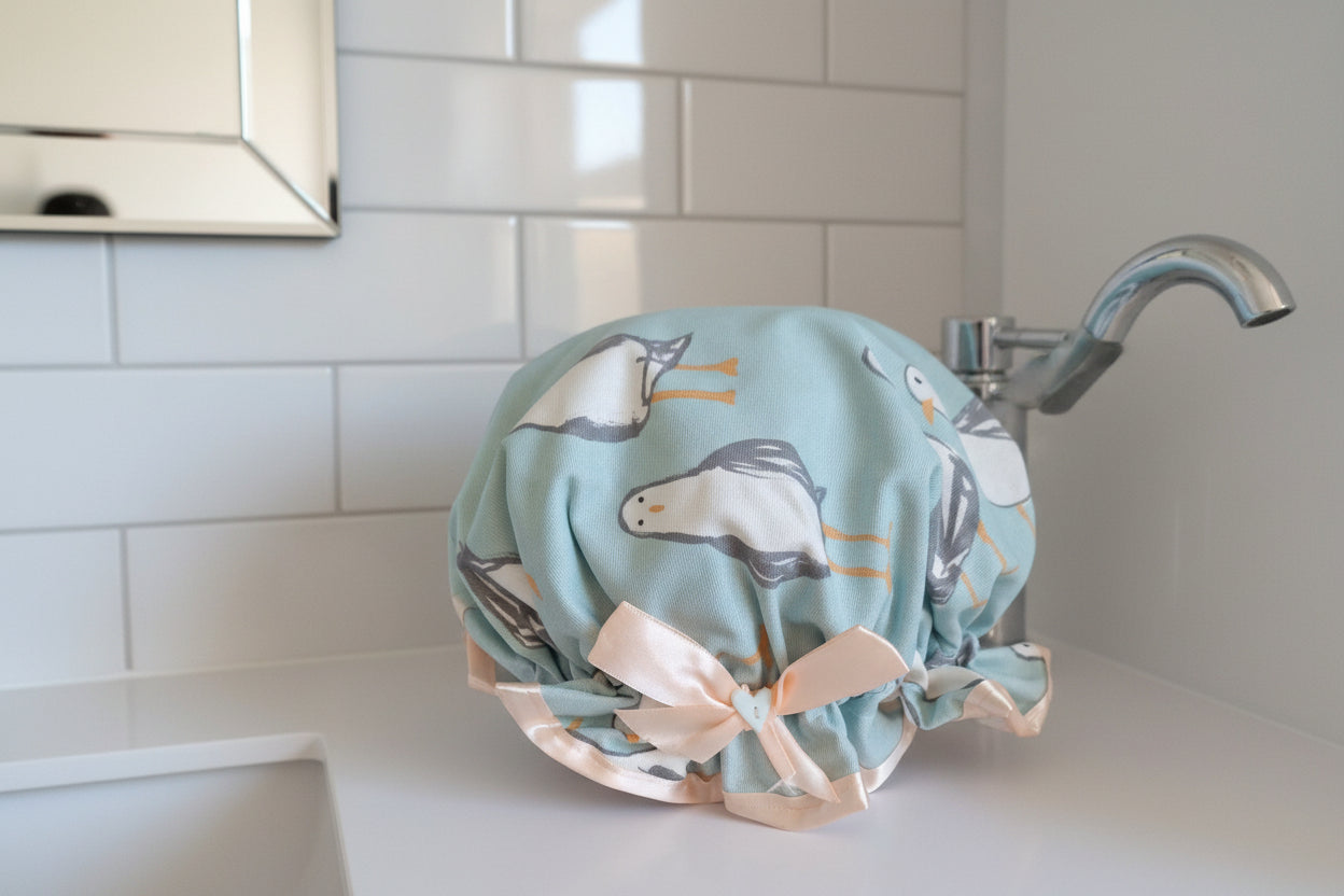 Shower Cap - Funky Seagulls - Peach Trim