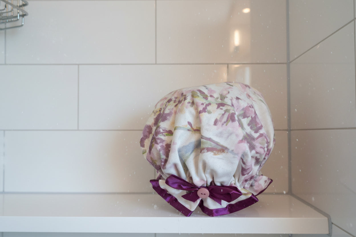 Shower Cap - Soft Floral - Purple Trim