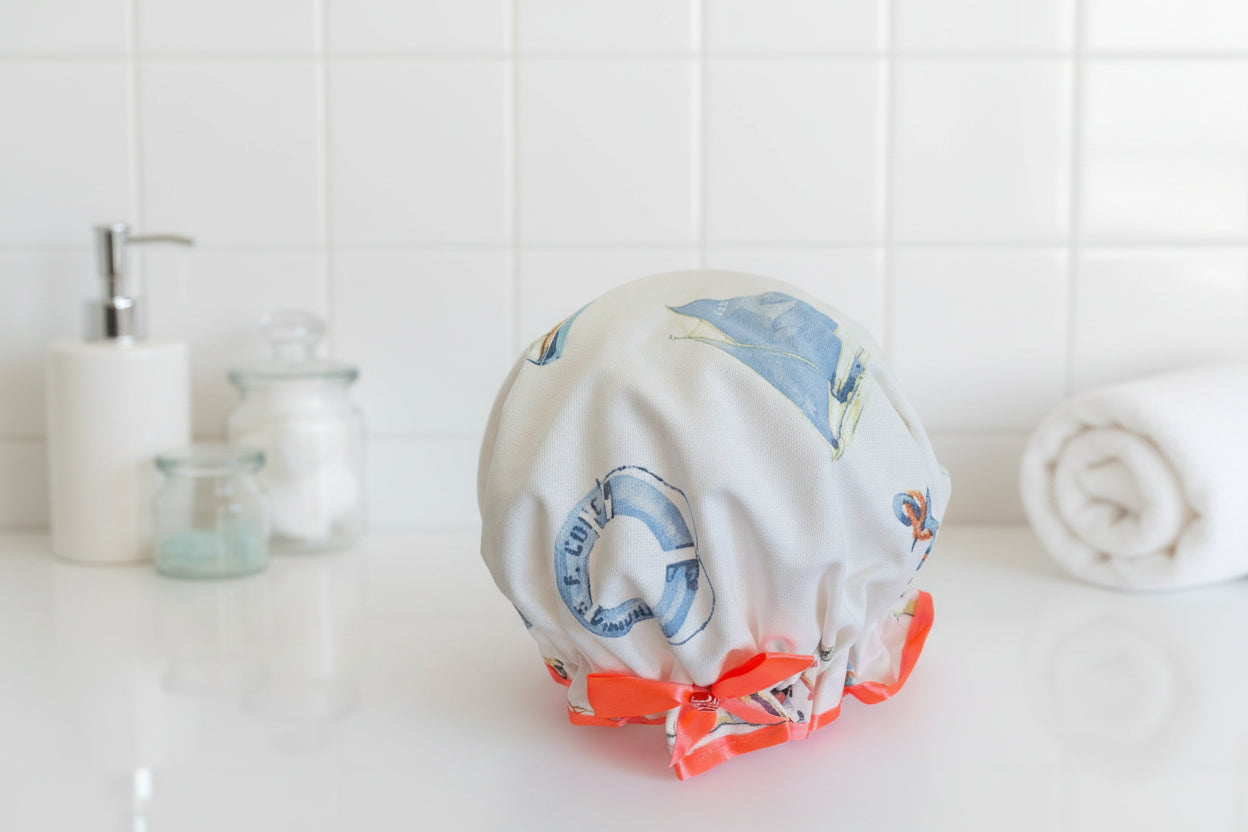 Shower Cap - Nautical - Salmon Pink Trim
