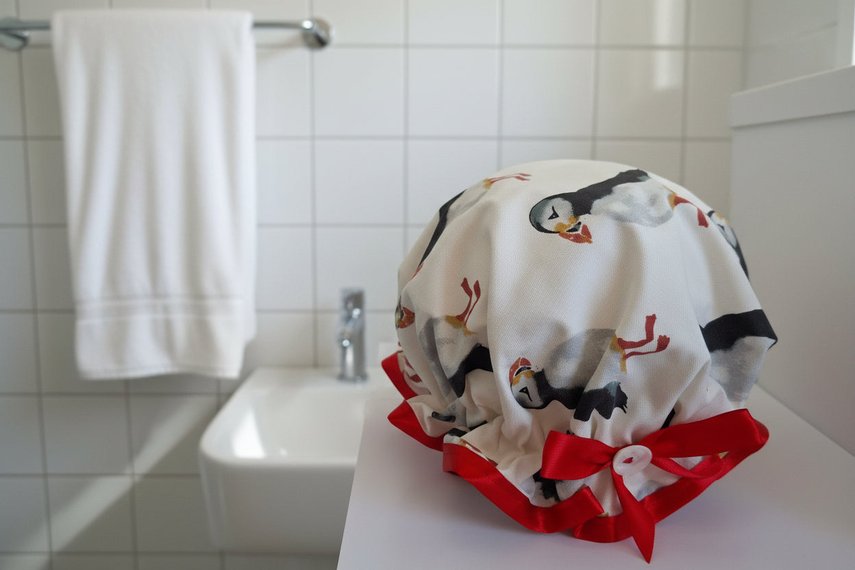 Shower Cap - Puffin - Red Trim