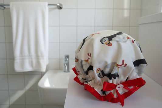 Shower Cap - Puffin - Red Trim