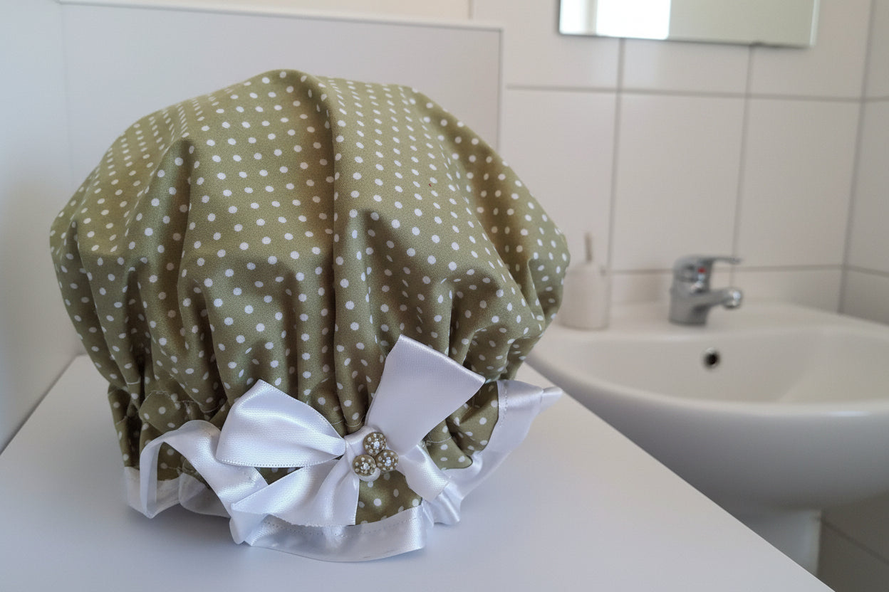 Shower Cap - Green Polka Dot - White Trim