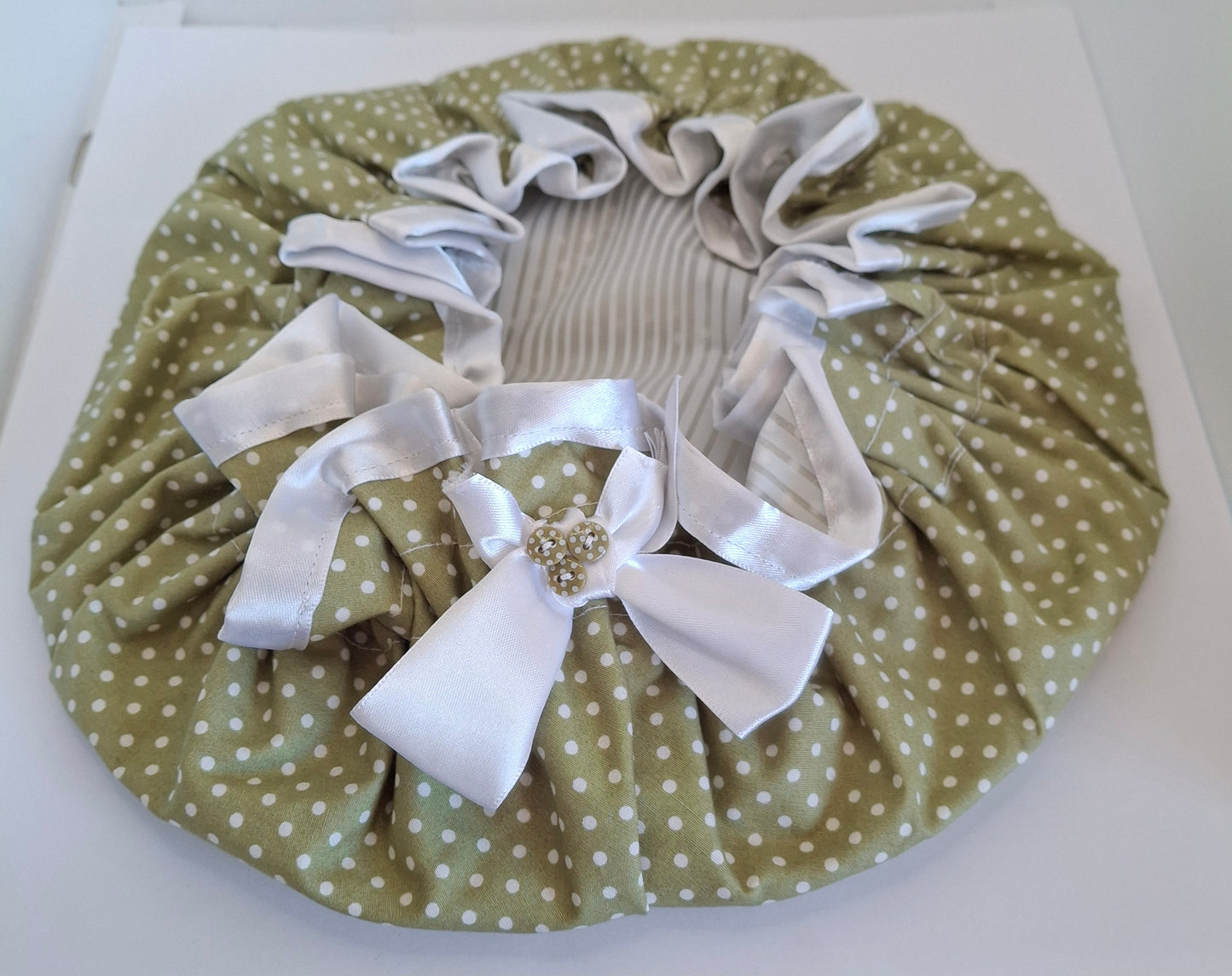 Shower Cap - Green Polka Dot - White Trim