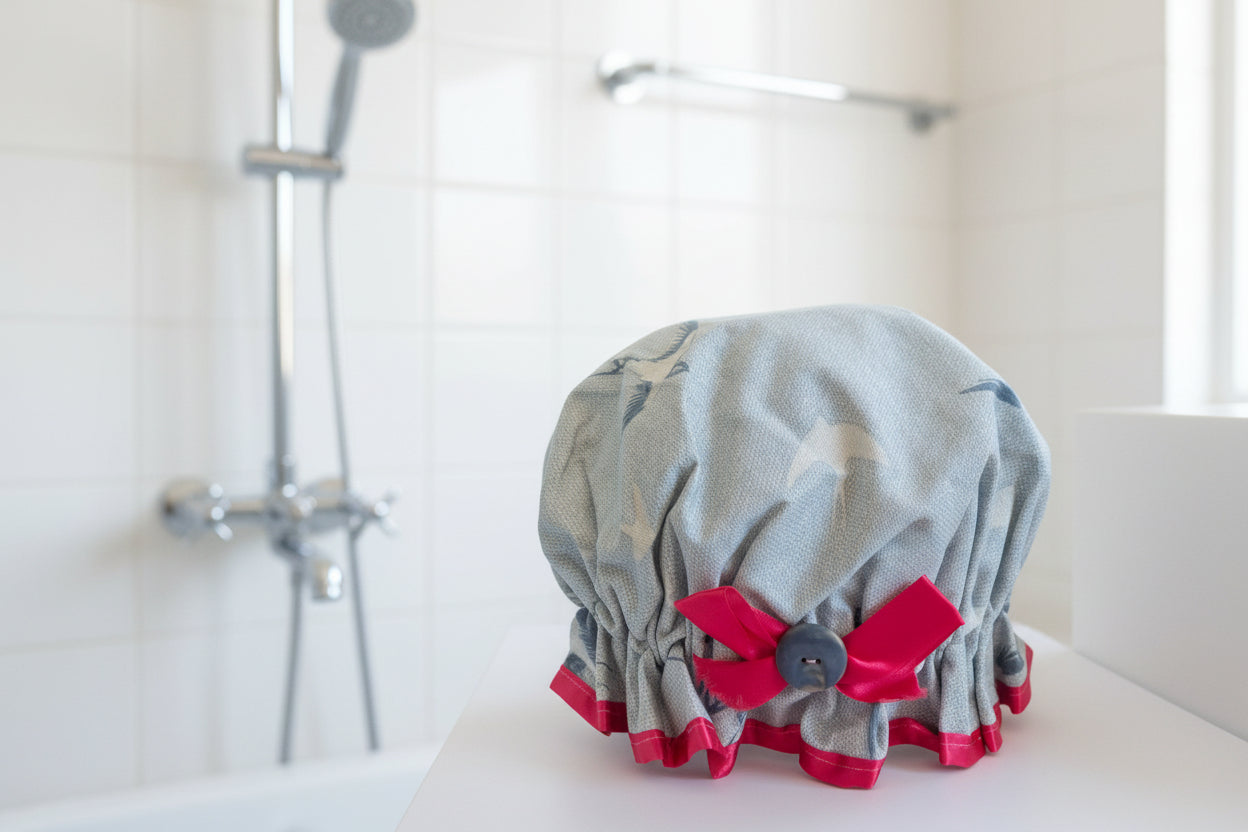 Shower Cap - Swallows - Pink Trim