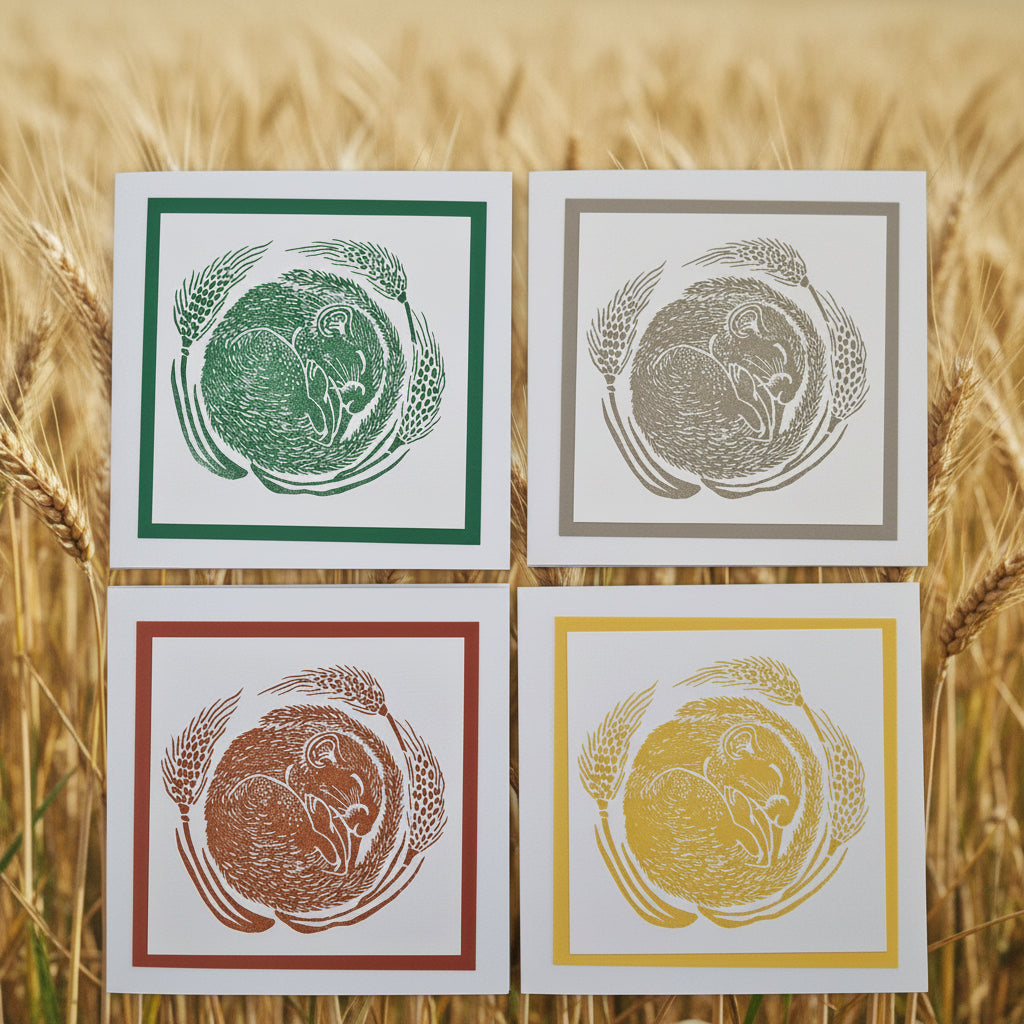 Set of Four Lino Cut Style Stamped Field Mouse Cards