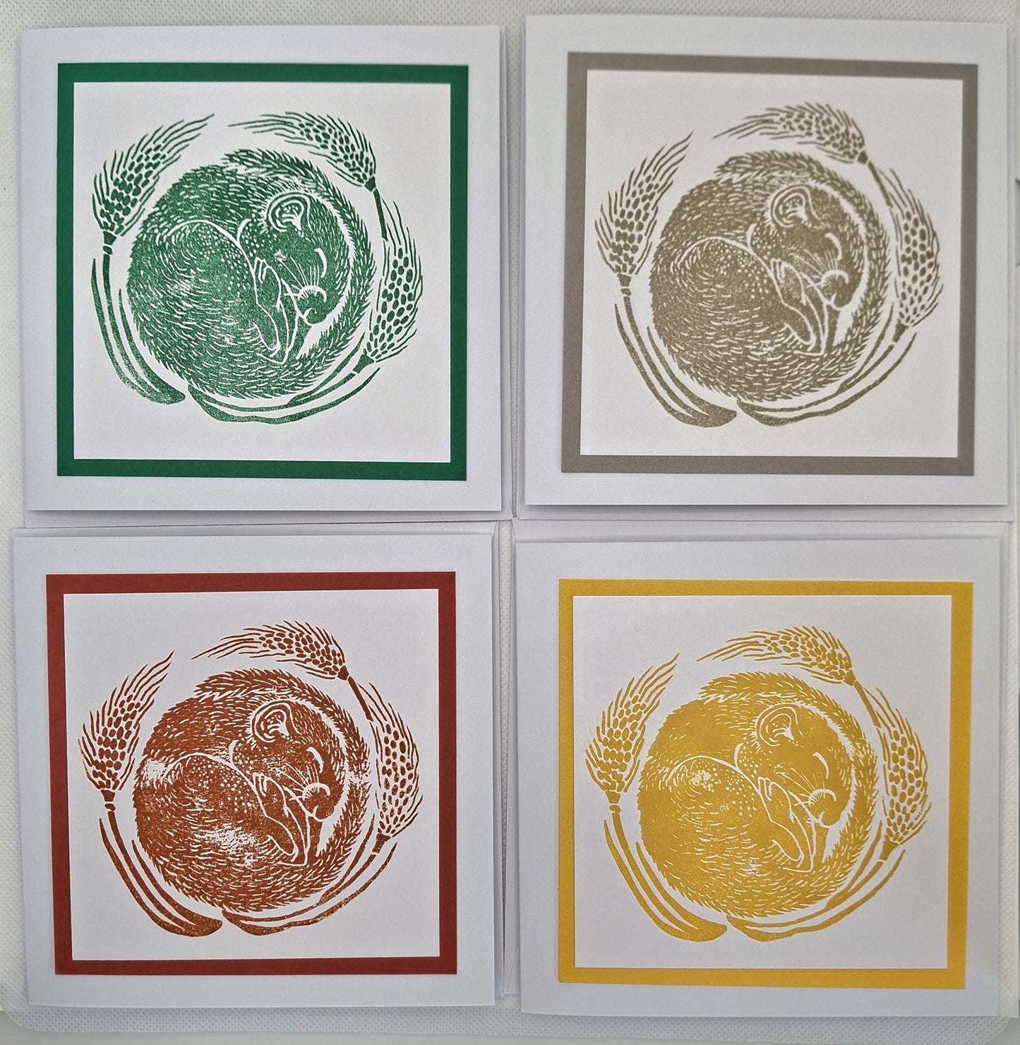 Set of Four Lino Cut Style Stamped Field Mouse Cards