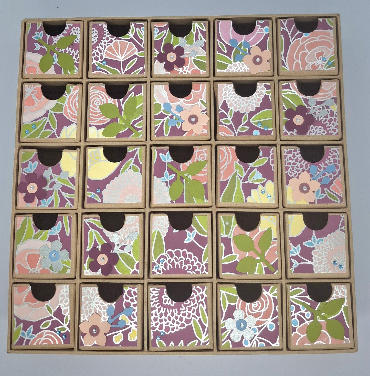 Hand Decorated 25 Drawers Case - Burgundy and Silver