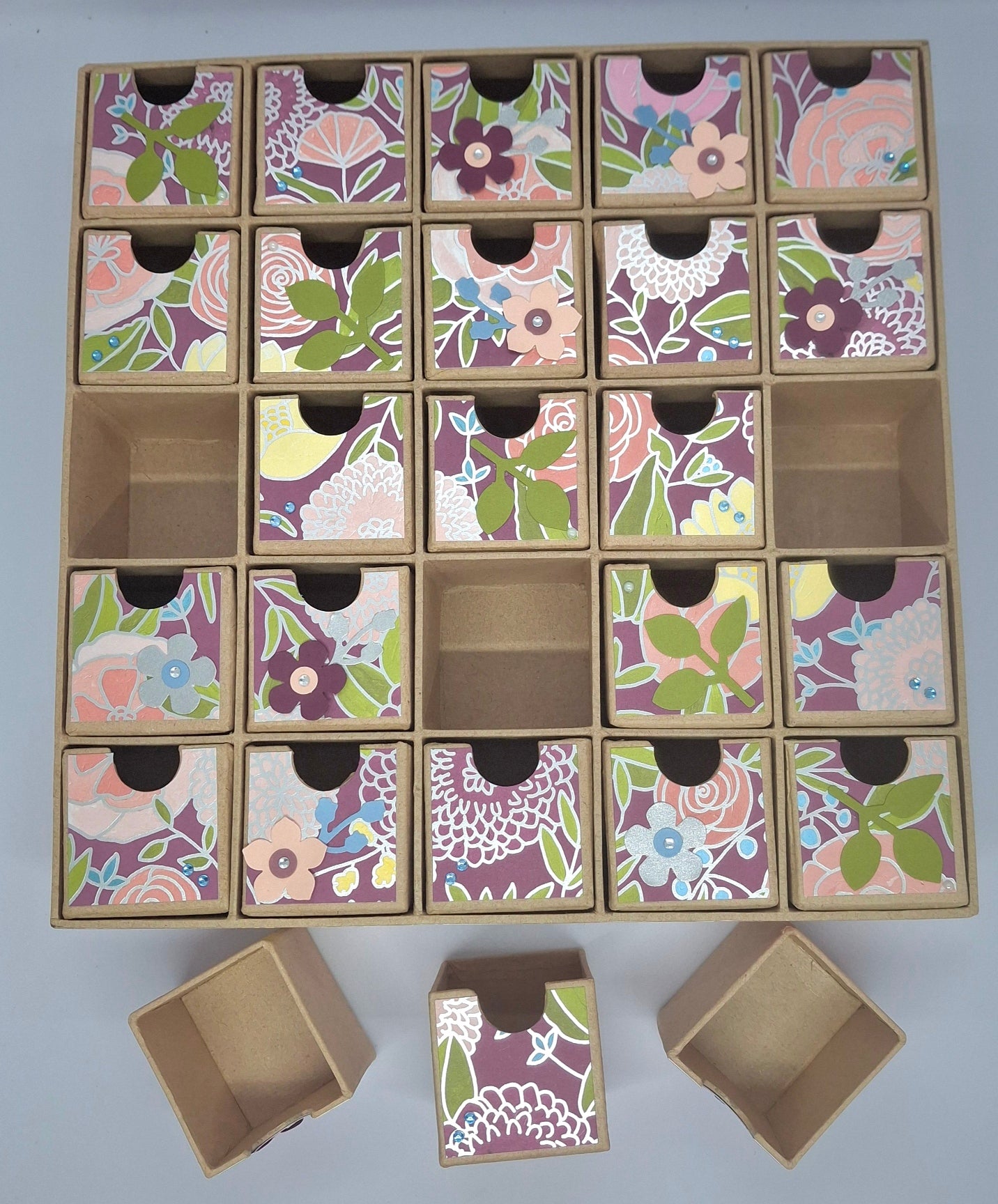 Hand Decorated 25 Drawers Case - Burgundy and Silver