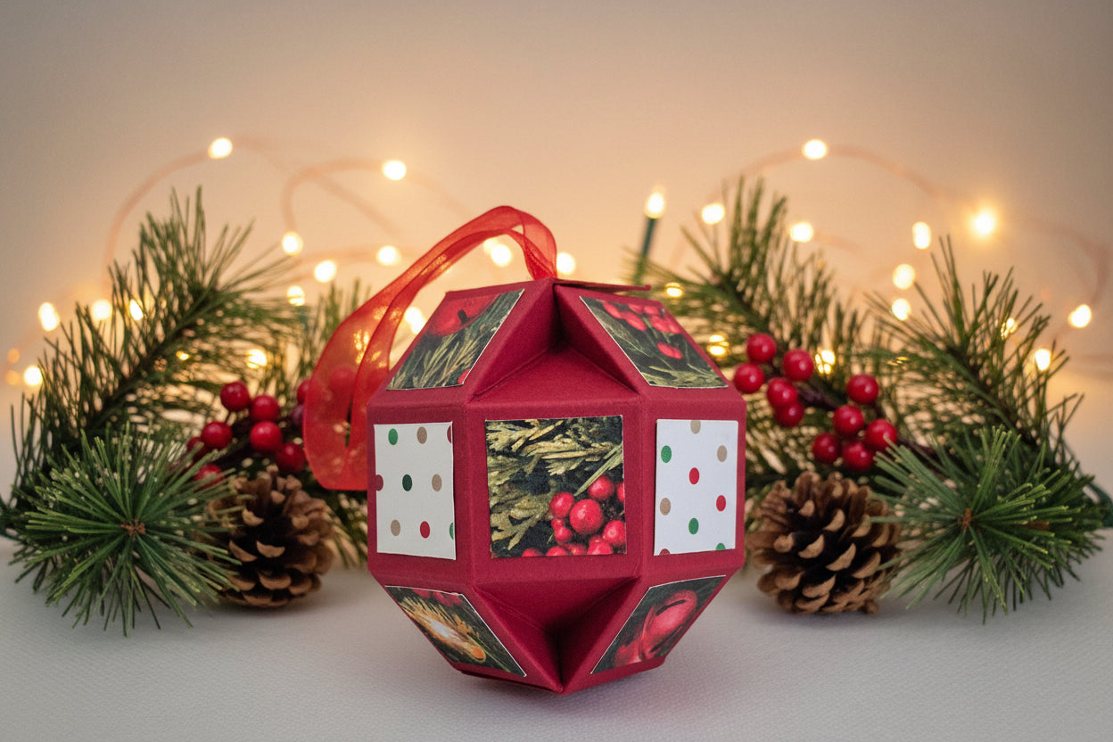 A handmade geometric paper ornament with a red base and festive holiday prints, featuring a red sheer ribbon loop at the top, photographed on a light gray background.
