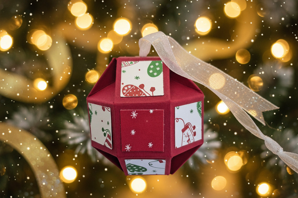 A handmade geometric paper ornament in deep red, decorated with white panels featuring green and red Christmas illustrations and a white ribbon loop at the top.