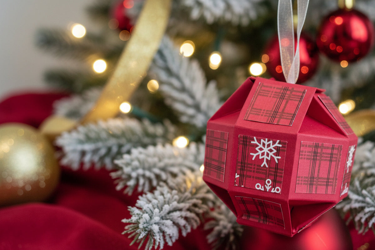 A red geometric paper ornament with plaid and white snowflake patterns, featuring a white ribbon loop at the top, photographed on a light gray background.