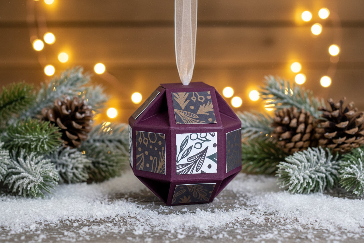 A handmade geometric paper ornament in deep purple with patterned panels, featuring a white ribbon loop at the top, photographed on a light gray background.