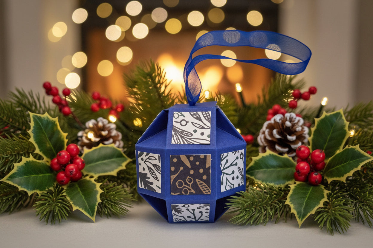 A blue geometric paper ornament with patterned panels and a blue ribbon hanger, photographed on a light neutral background.
