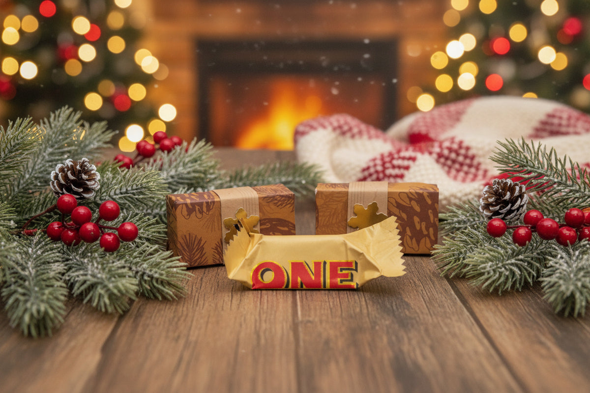 A miniature gold foil wrapped candy bar with the word 'ONE' in red and black, displayed in front of two small patterned brown boxes with gold flower cutouts on a white background.