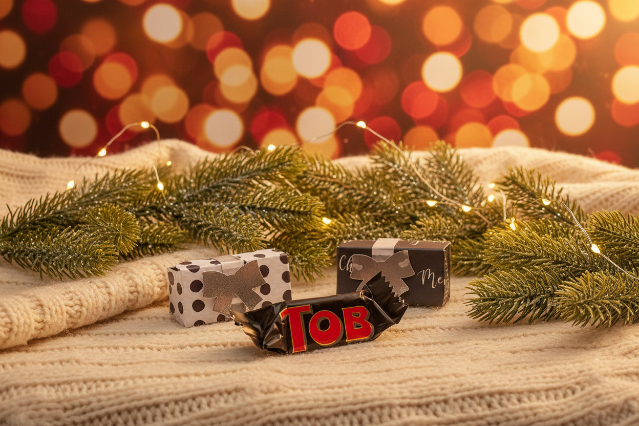 Three small gift boxes and a wrapped candy bar arranged on a light gray surface. The front wrapper is black with large red and yellow 'TOB' lettering, and the two back boxes are wrapped in white-and-black polka dot paper and dark gray paper with metallic bow cutouts.