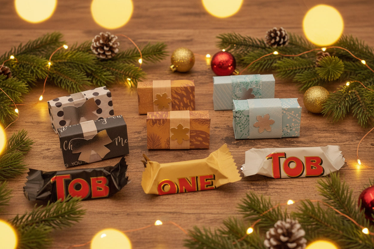 Three small decorative gift boxes in different patterns and colors are arranged on a white surface, with three wrapped candy bars placed in front. The candy bars have large red letters spelling 'TOB' and 'ONE'.